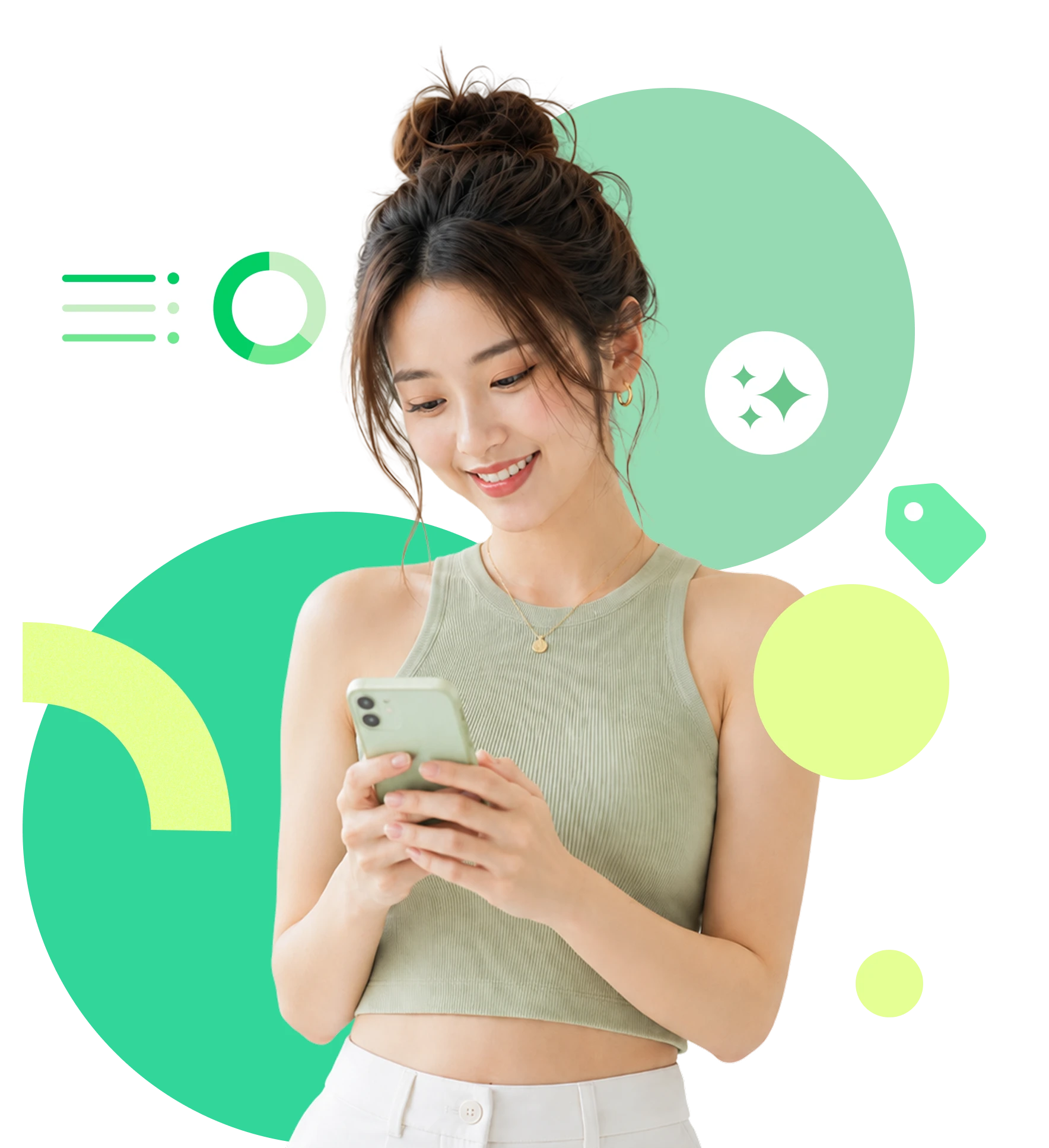 女性透過手機查看市場趨勢、受眾與商品數據洞察